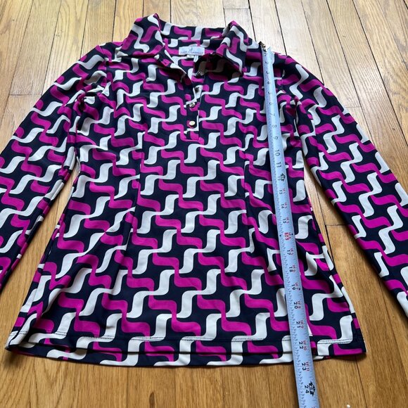 Jude Connally Size S Pink Navy Blue Geometric Print Long Sleeve Polo Shirt Top - Picture 2 of 10